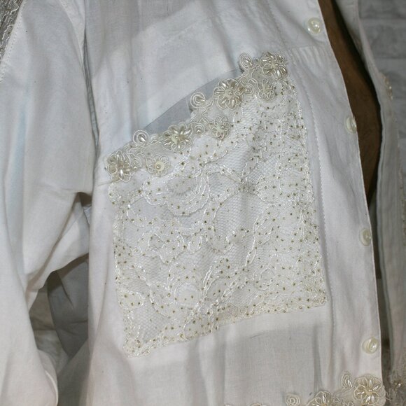 HAND CRAFTED Jacket Upcycled Peplum Lace Pearl Trim Floral White Bridal Large - Picture 5 of 14